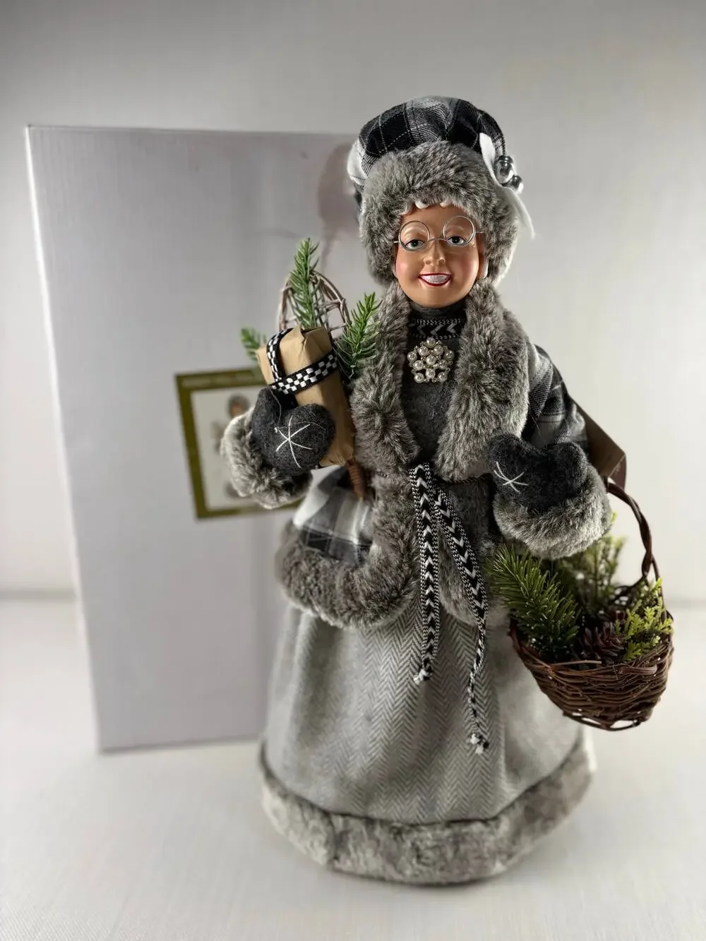 Windy Hill Collection black and white plaid checkered silver Mrs Claus NEW